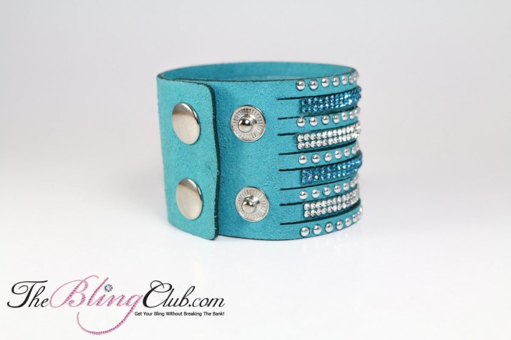 Teal cuff The Bling Club vegan leather bracelet crystals and studs