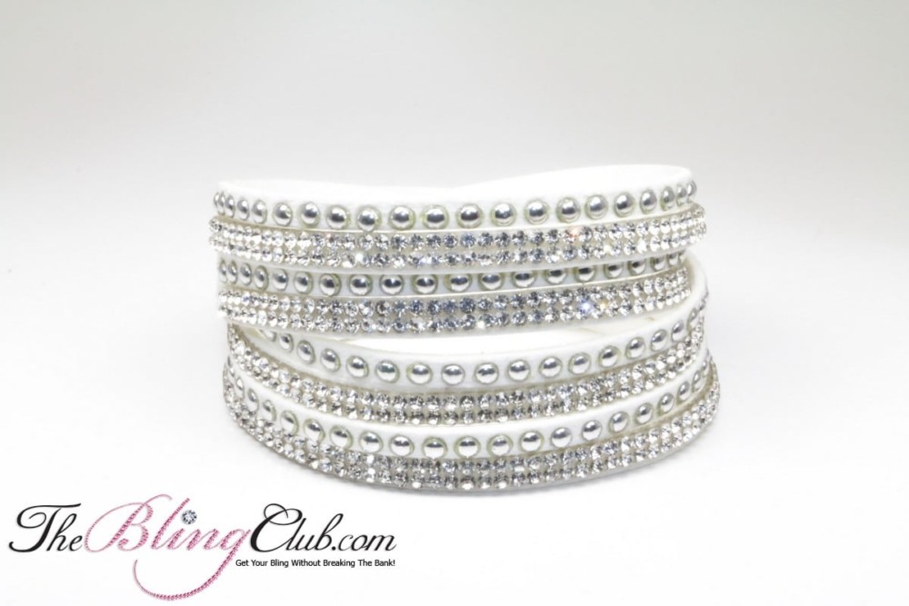 bling white vegan leather swarovski crystals studs wrap bracelet
