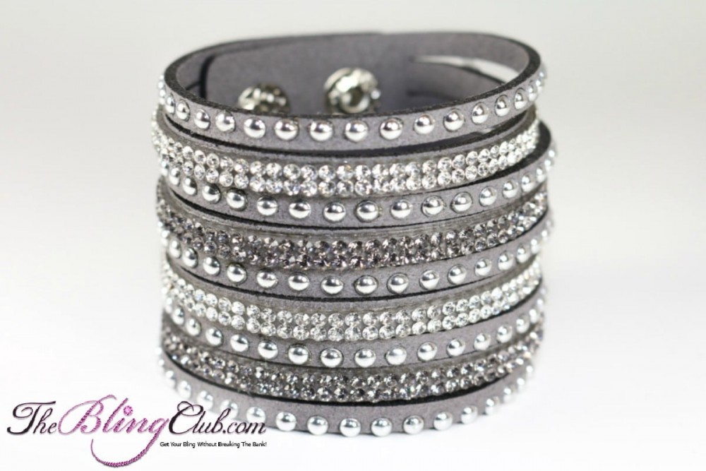 the bling club best seller grey vegan leather swarovski cuff crystals and studs