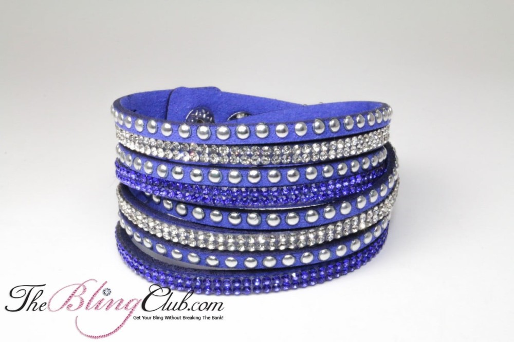 the bling club royal blue vegan leather swarovski crystals studs wrap bracelet