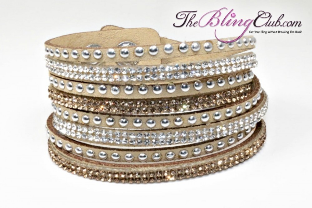 the bling club tan vegan leather swarovski crystal wrap bracelet gold and clear crystals