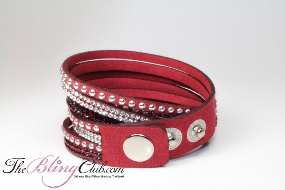 bling red vegan leather wrap bracelet swarovski crystals studs