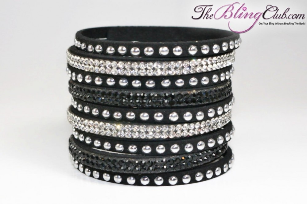 The bling club black vegan leather cuff crystals and studs