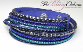 theblingclub.com blue swarovski multi crystal with turqoise vegan leather wrap bracelet