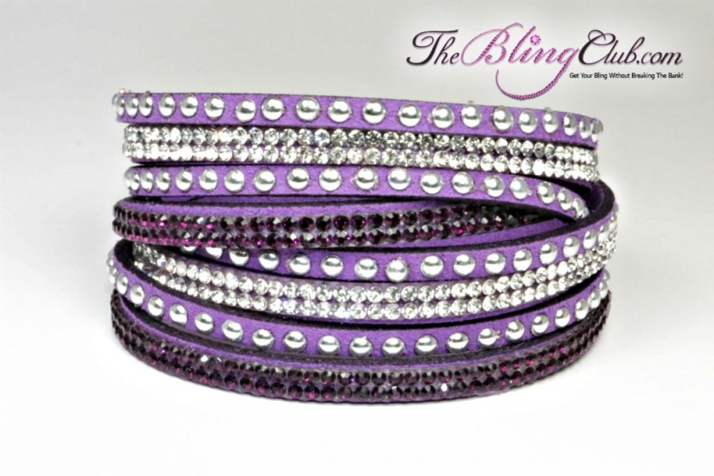 theblingclub.com royal purple vegan leather swarovski crystal wrap with silver studs