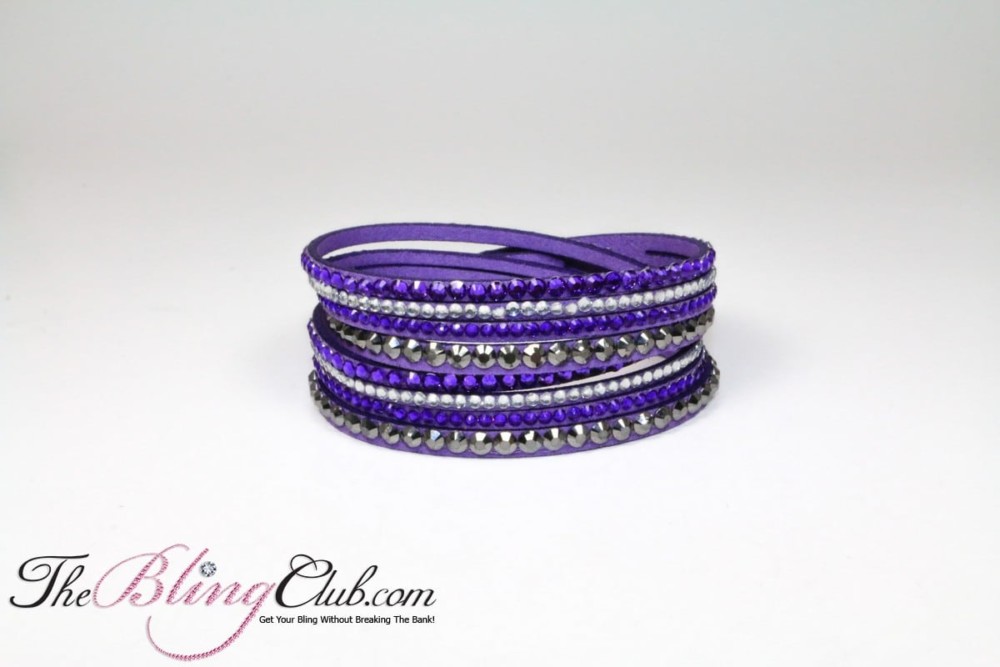 veagn leather swarovski bling purple crystal wrap bracelet