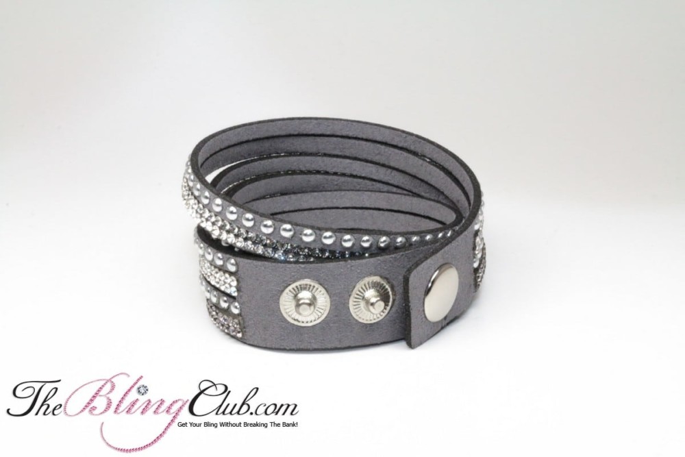 grey bling vegan leather wrap bracelet swarovski crystals studs
