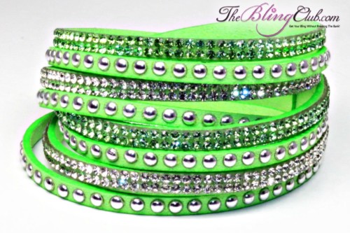 the bling club lime green swarovski crystal veagn leather wrap bracelet crystals and silver studs
