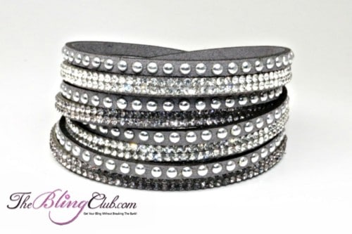 theblingclub.com grey vegan leather swarovski wrap crystal bracelet silver studs