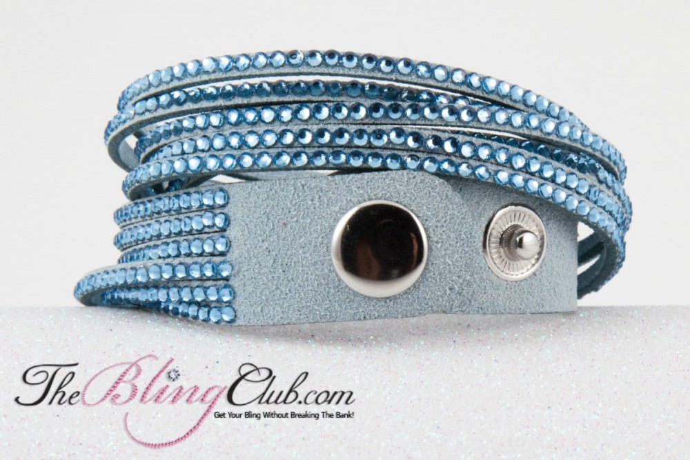 the bling club.com sky blue 12 layer vegan leather swarovski crystal wrap bracelet back snap adjustable close