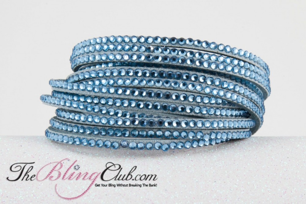 the bling club.com sky blue 12 layer vegan leather swarovski crystal wrap bracelet