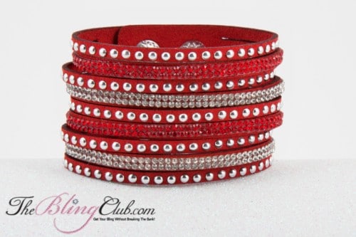 theblingclub rich ruby red vegan leather cuff bracelet crystals and studs