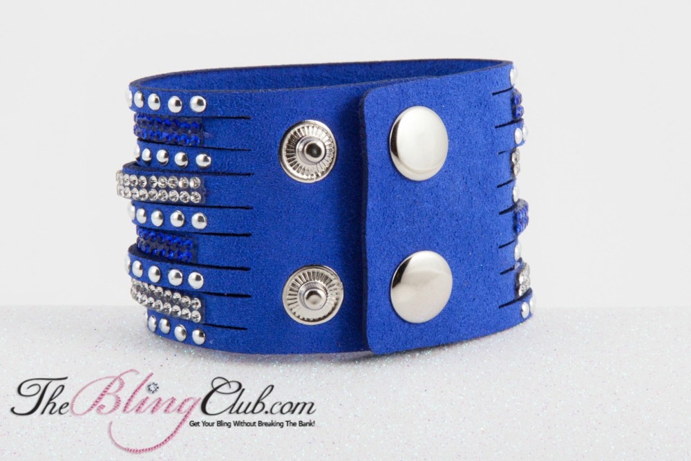 theblingclub.com royal blue vegan leather cuff bracelet crystals studs rear view