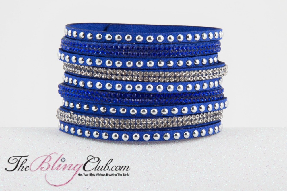 theblingclub.com royal blue vegan leather cuff bracelet crystals studs
