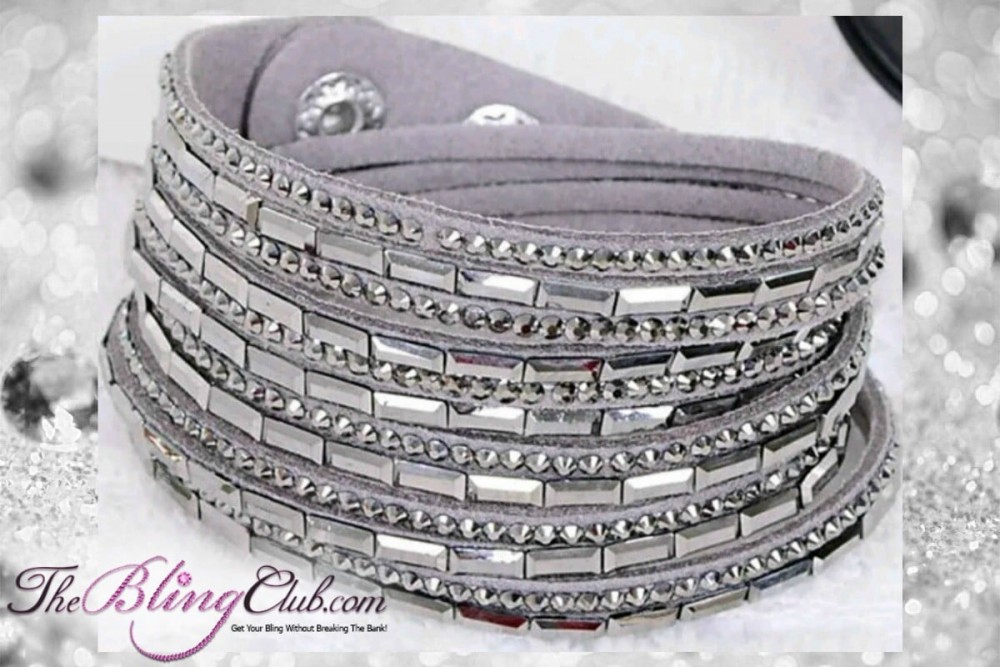 theblingclub.com super bling grey crystal vegan leather swarovski wrap bracelet