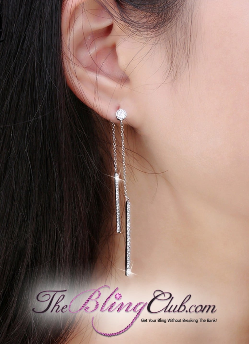theblingclub.com pave crystal platinum plated front and back dangle chandelier earrings on model