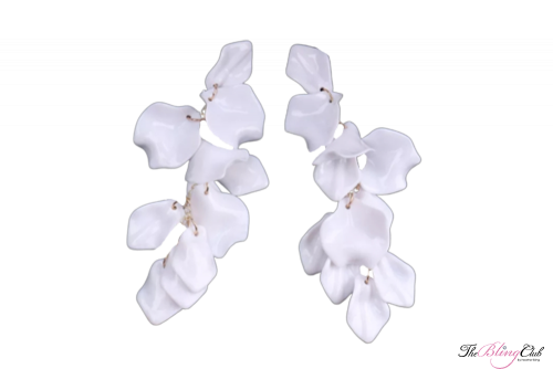the bling club white rose petal dangle earrings