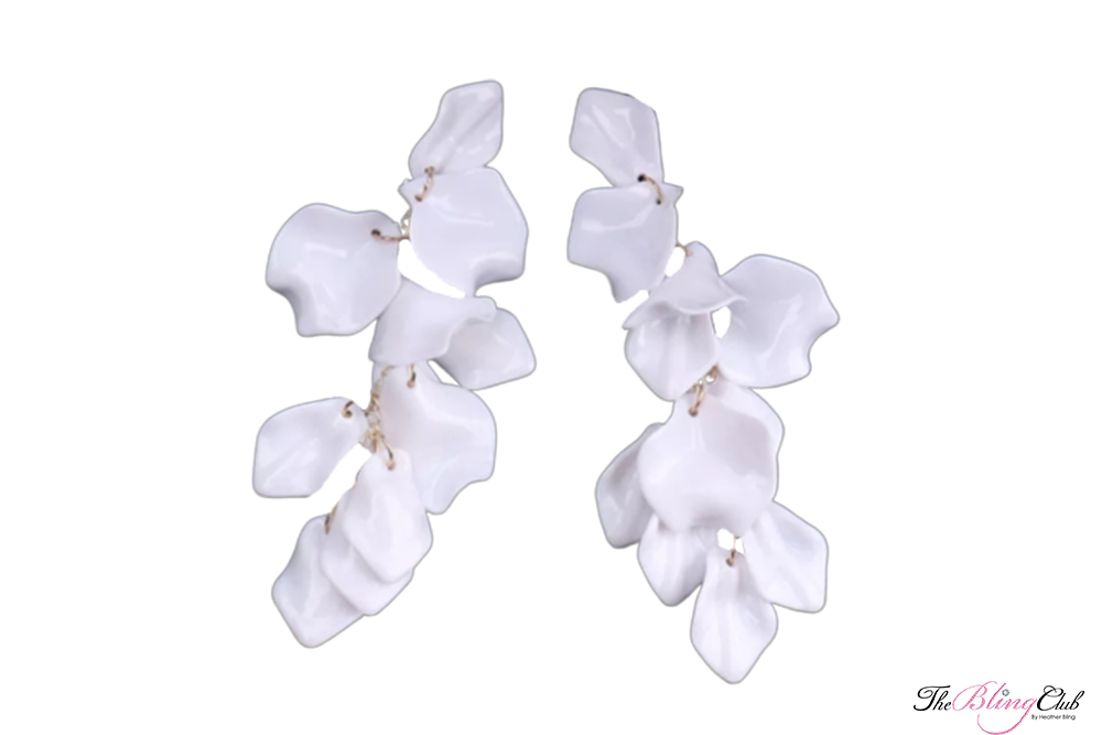the bling club white rose petal dangle earrings