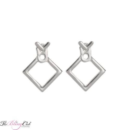 V Front and Back Silver Stud Earrings