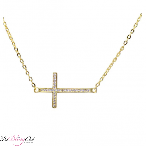sterling silver gold swarovski crystal sideways cross necklace the bling club