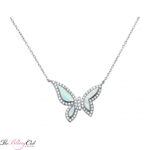 sterling silver opal swrovski crystal butterfly wing adjustable pendant necklace