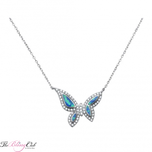 sterling silver blue opal swrovski crystal butterfly wing adjustable pendant necklace