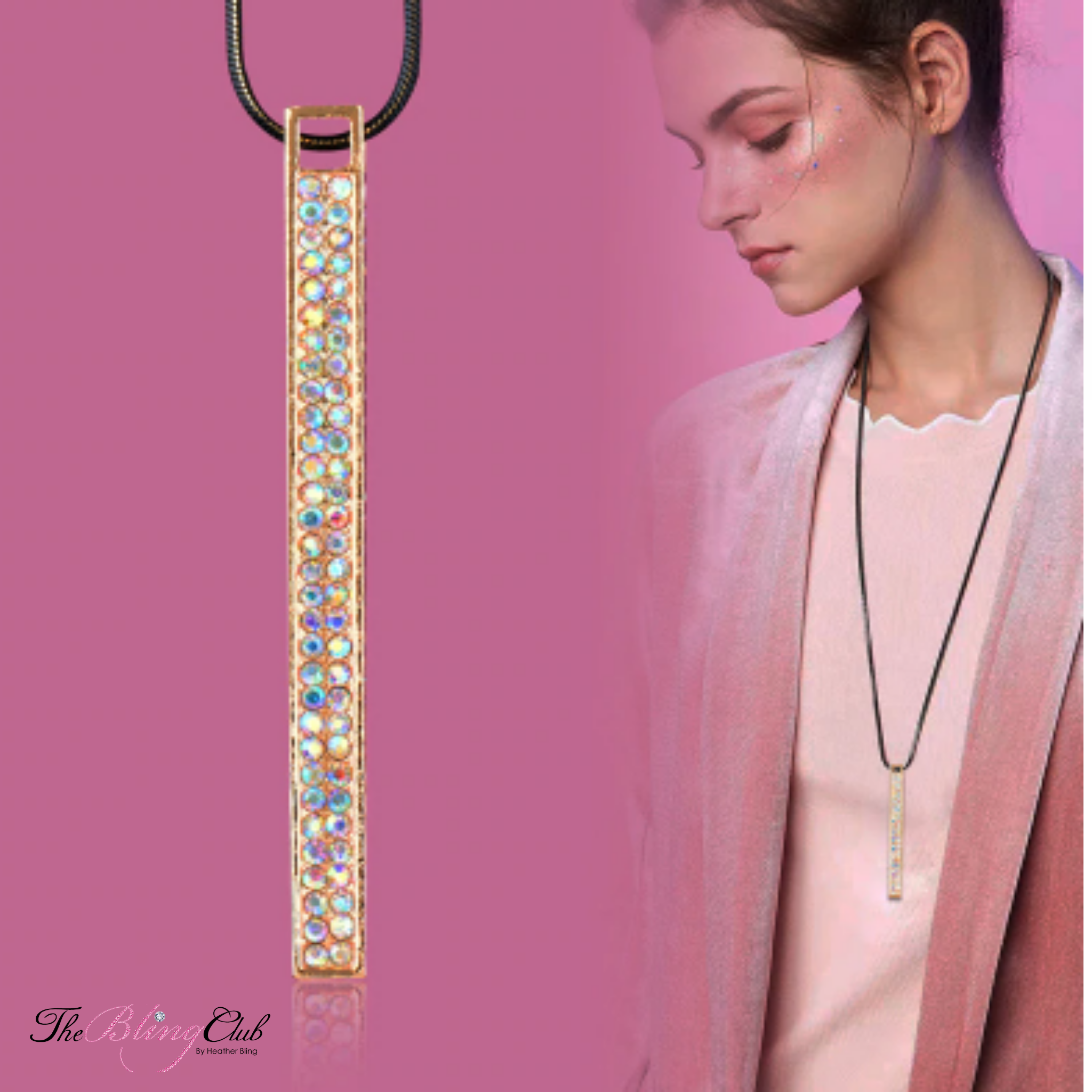 long AB crystal bar pendant the bling club iridescent black gold chain on model