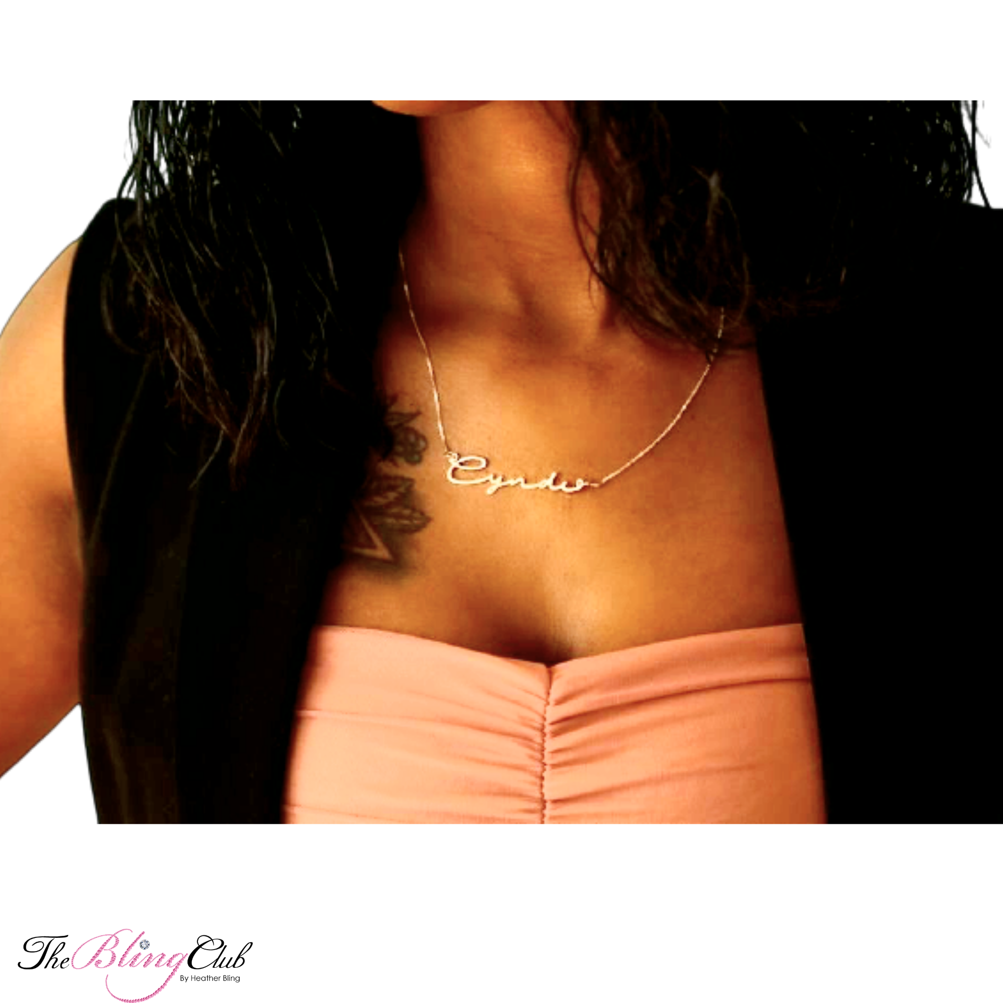 Signature Thin and Dainty Personalized Name Necklace sterling silver rose gold gold 14k gold bling on model