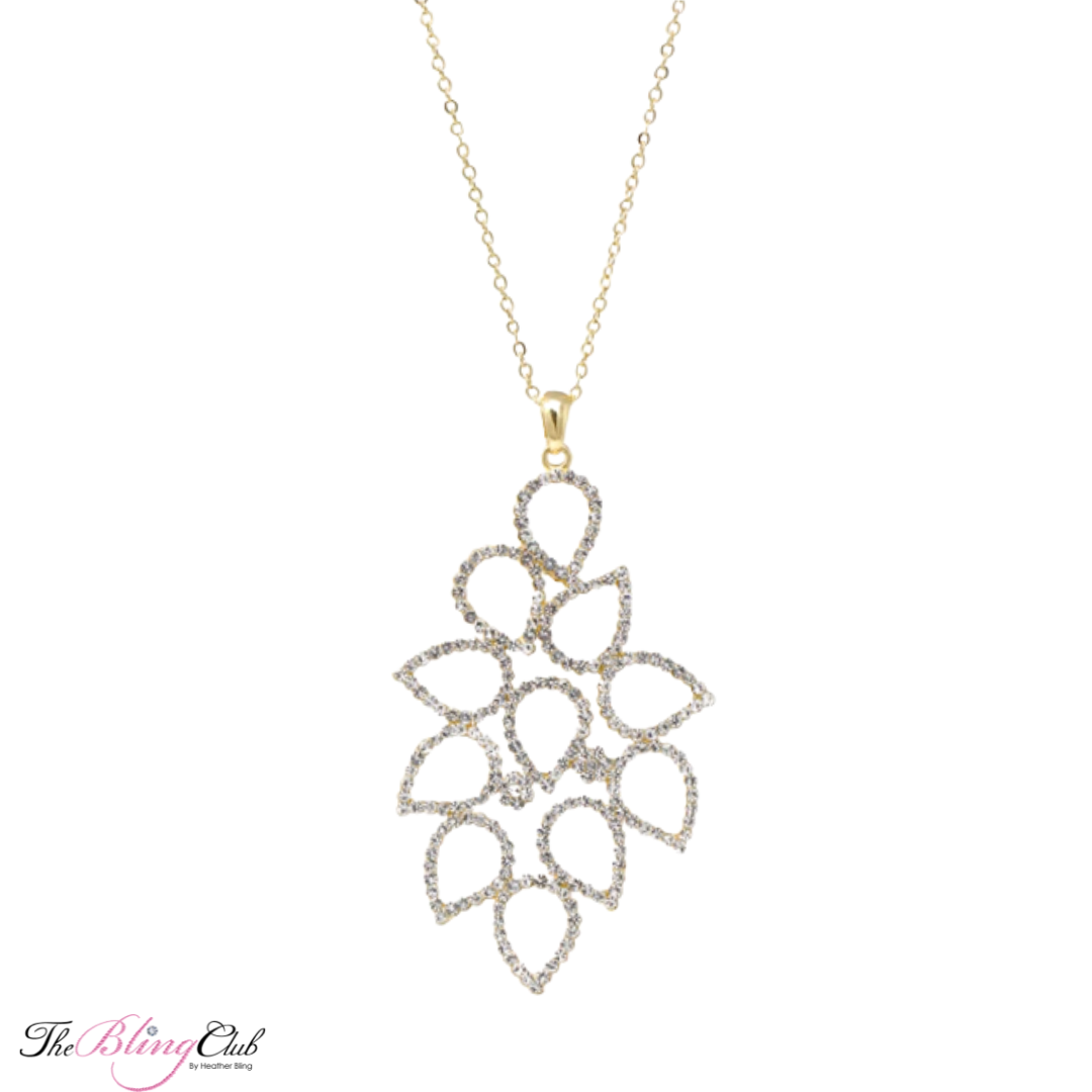 the bling club Pave Glass Stone Petals Gold Long Necklace