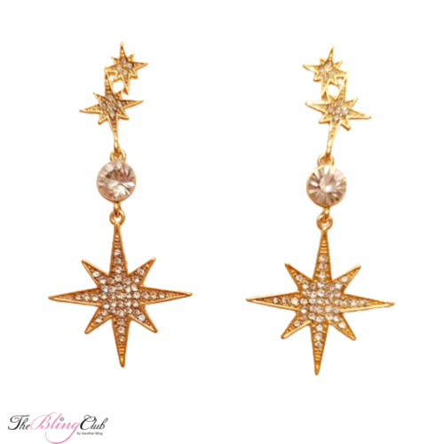 the bling club swarovski gold dangle drop star starburst earrings