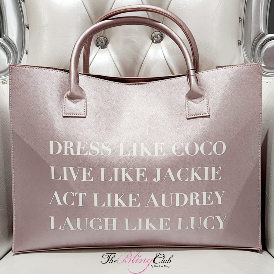 the bling club coco chanel lucy audrey live your best life vegan leather tote bag in metallic pink