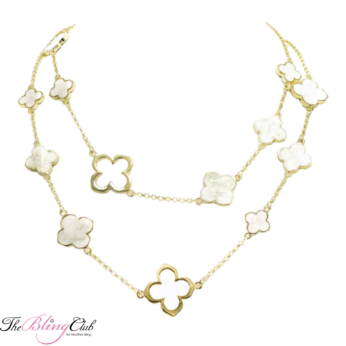 the bling club designer inspired clover gold mother of pearl clover long convertible necklace