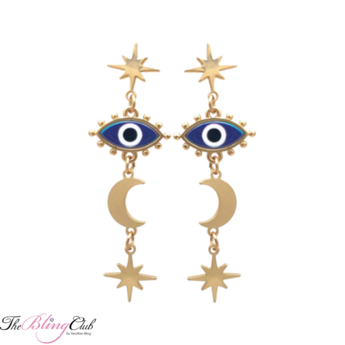 the bling club matte gold evil eye drop dangle crystal lightweight glam earrings