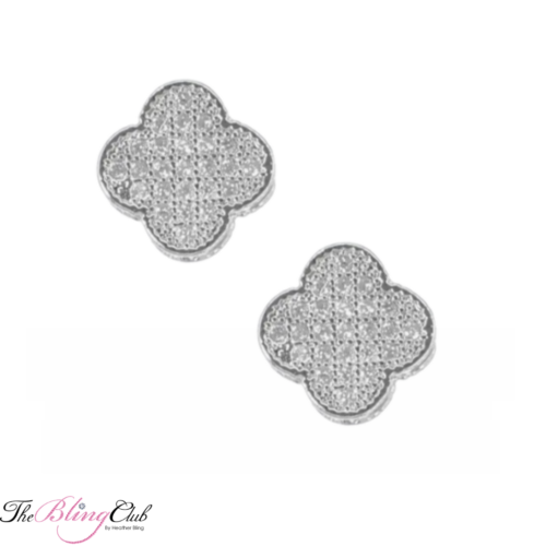 the bling club silver clover stud micro pave stud dainty earrings