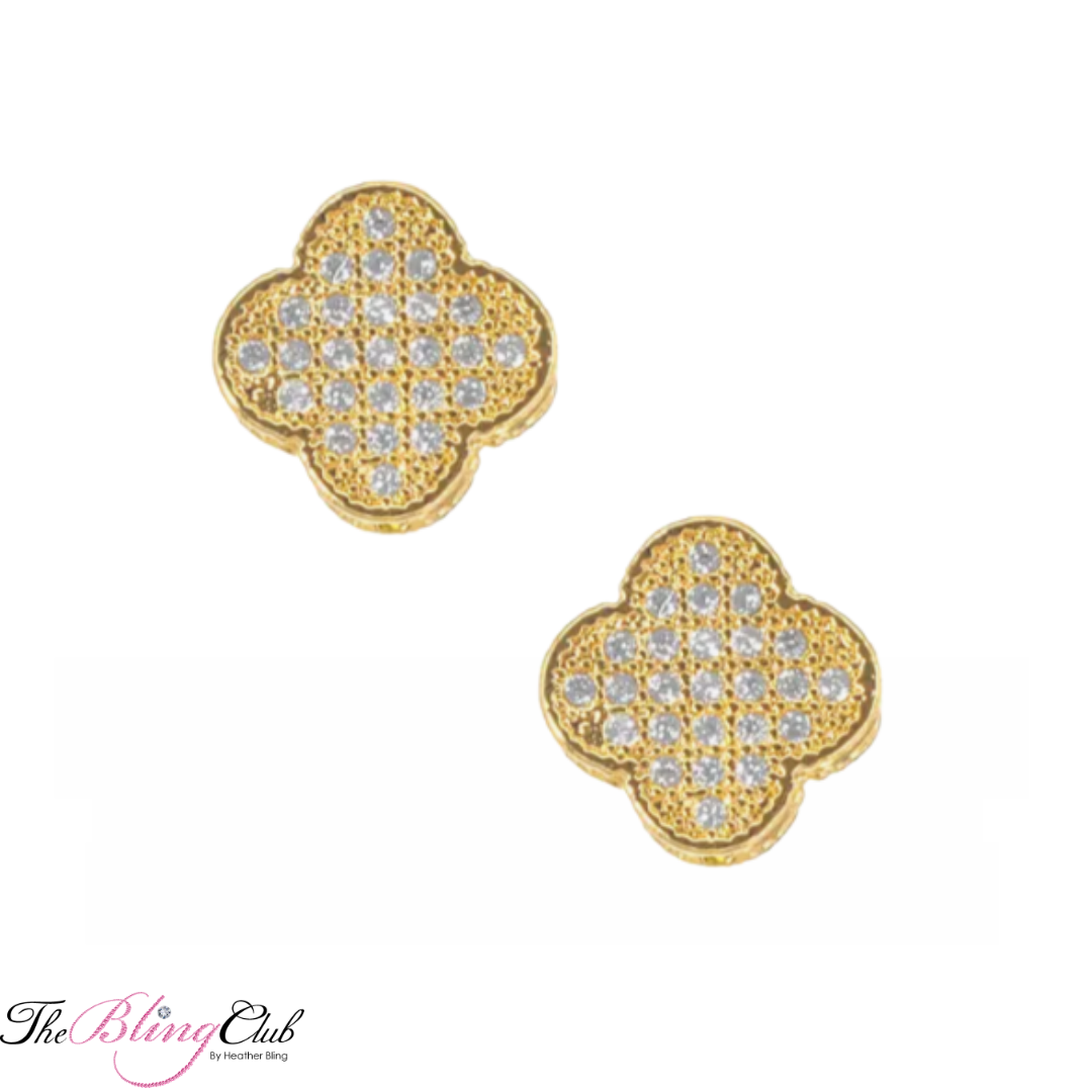 the bling club gold clover stud micro pave stud dainty earrings